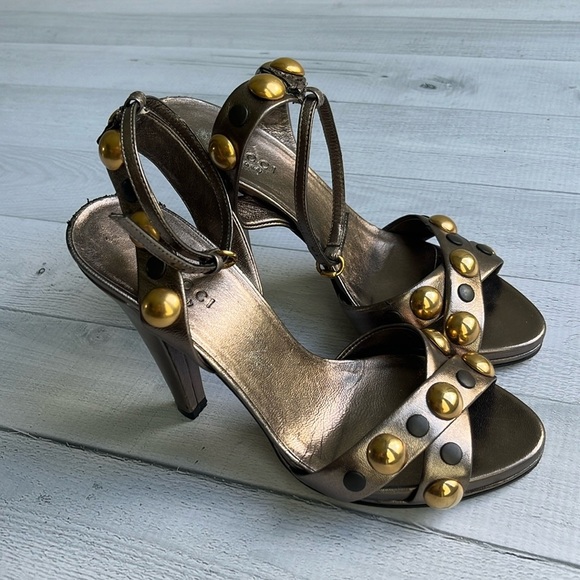 Gucci Metallic Leather Studded High Heel Sandals Size 5 - Picture 1 of 9